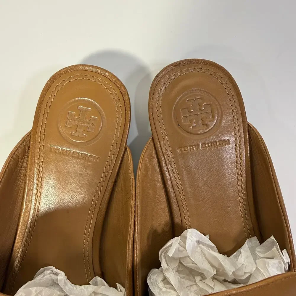 Tory Burch Jessa Backless Loafer Equestrian Brown Leather Horse Bit Mules Size 5